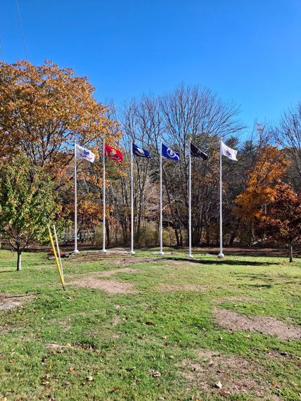 Row of flagpoles flying service flags among autumn foliage